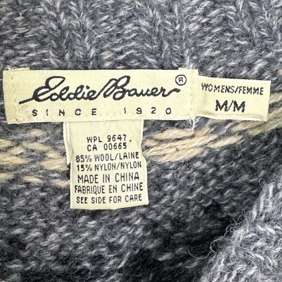 Eddie Bauer Sweater Womens Medium Gray Wool Fair Isle Nordic Snowflake Pullover - Picture 2 of 6